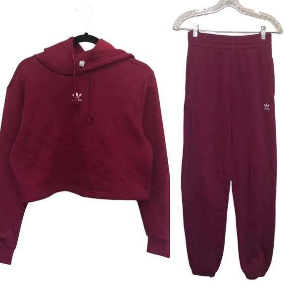 adidas Pants - Adidas Crop Hoodie + Pants Sweat Pants burgundy